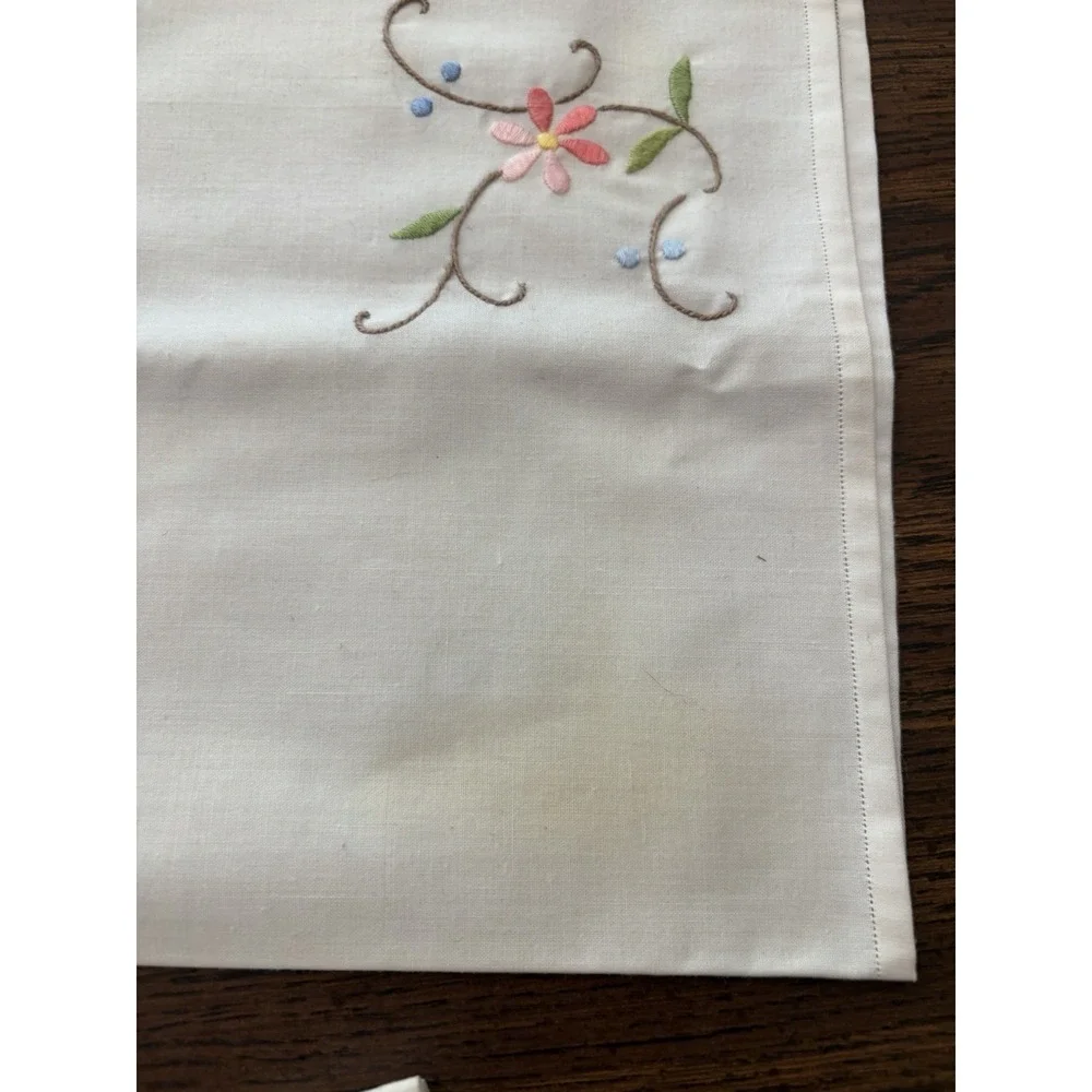 Vintage Embroidered Linen Napkins Set of 6 Floral Pink Blue Hemstitched 16x16